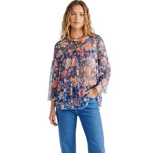 Womens Blouse Size Large Mesh Floral  Ruffle Pleated Boho Bohowestern Rodeo